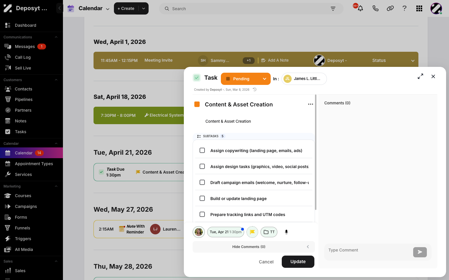 Step 3: A pop-up will appear where you can edit tasks and subtasks, update assigned users, reschedule the task, set priority, or add it to a folder. You can also add a comment.