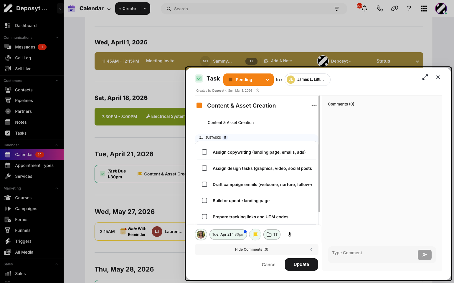 Step 3: A pop-up will appear where you can edit tasks and subtasks, update assigned users, reschedule the task, set priority, or add it to a folder. You can also add a comment.