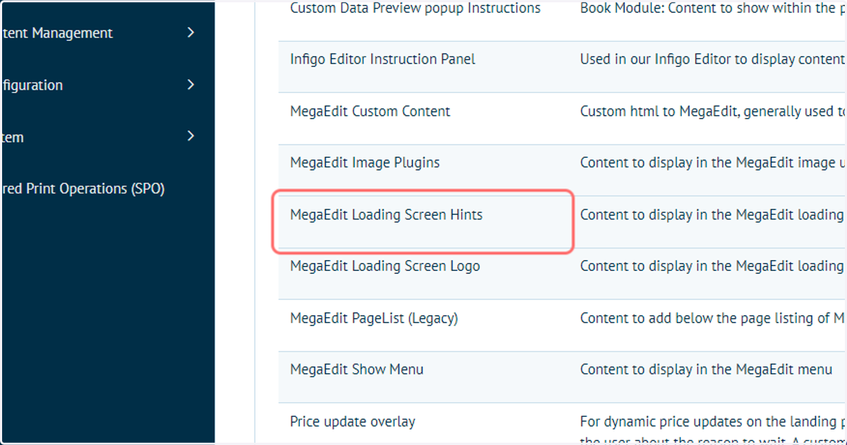 Navigate to the MegaEdit Loading Screen Hints within Editable Content