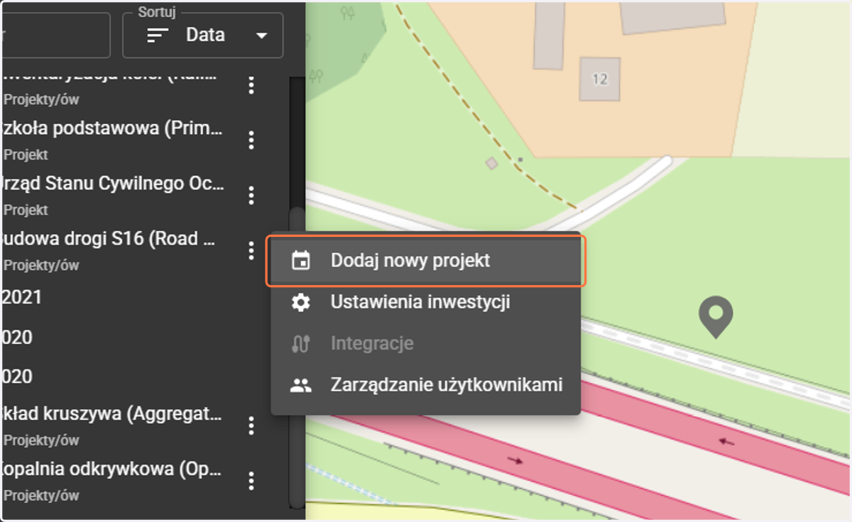 Wyświetlą nam się przyciski dotyczące inwestycji, wybieramy przycisk "Dodaj nowy projekt".
