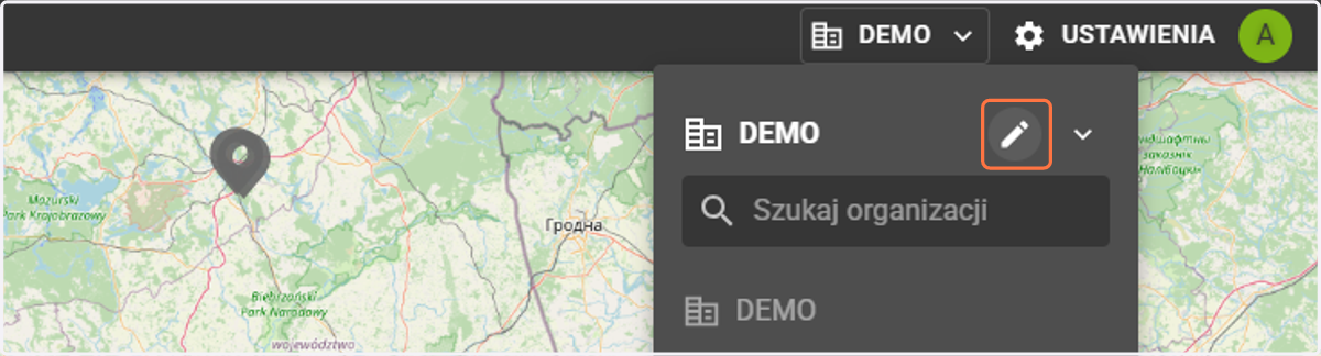 Pojawia się lista rozwijalna z organizacjami, aby edytować wybieramy ikonkę ołówka.