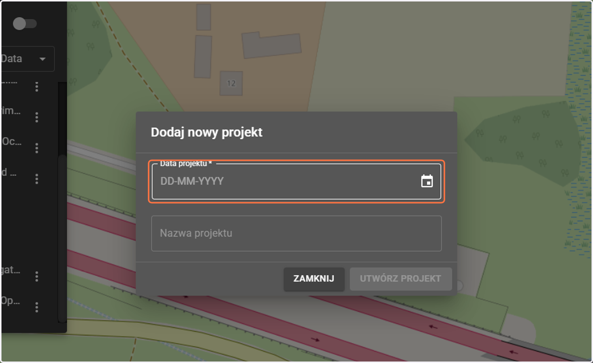 Wprowadzamy datę projektu oraz opcjonalnie nazwę projektu.