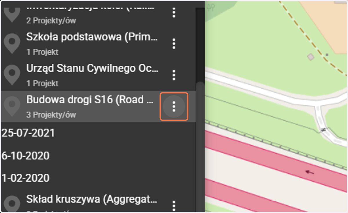 Aby utworzyć nowy projekt trzeba wcisnąć 3 kropki przy danej inwestycji (lokalizacji), do której chcemy dodać projekt.
