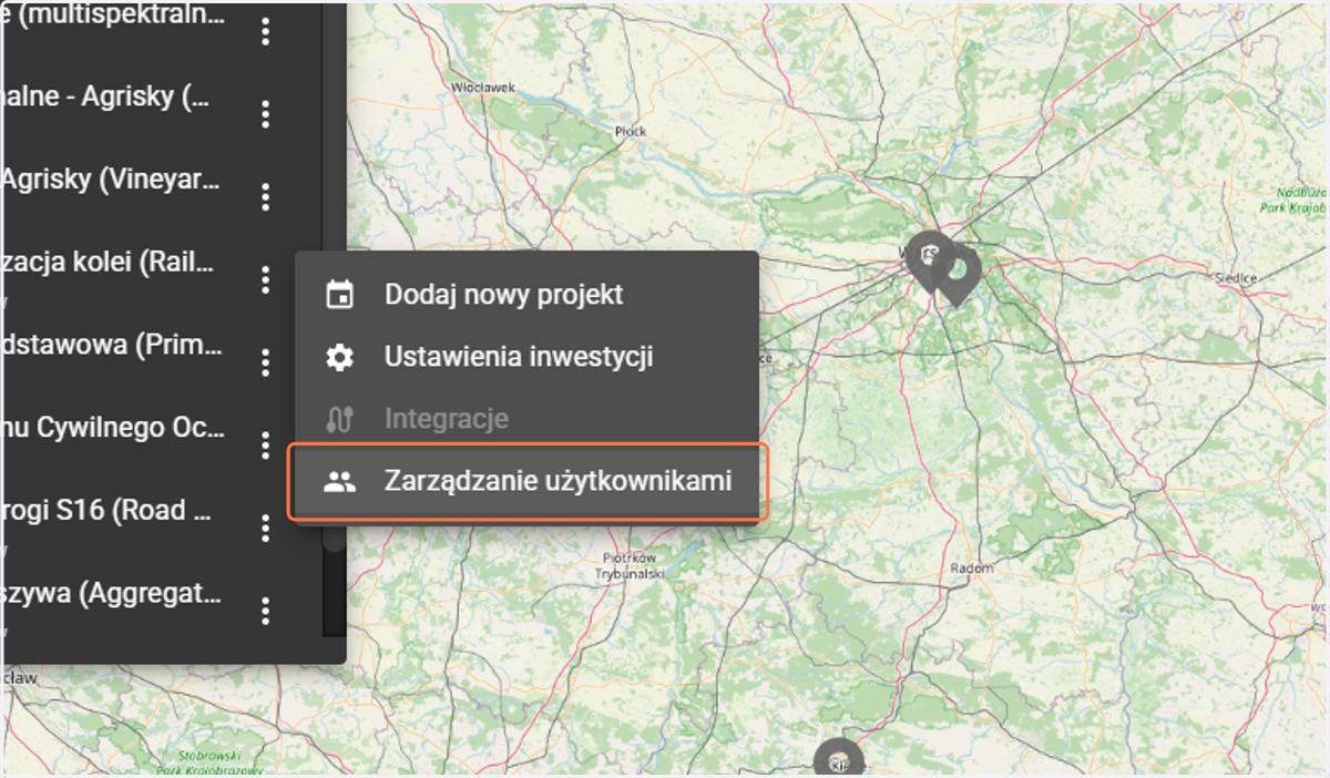 W opcjach dotyczących inwestycji znajdziemy zarządzanie użytkownikami.