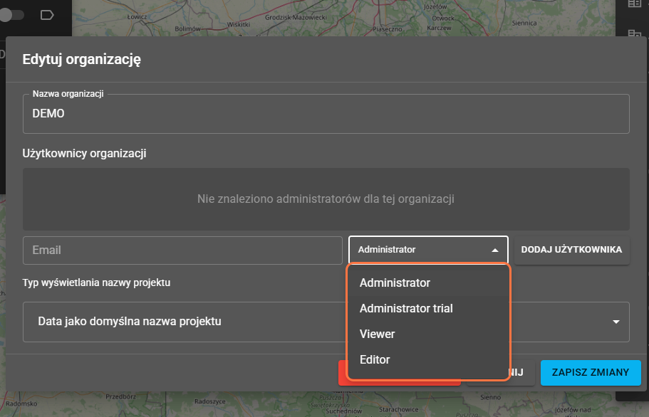 Otwiera nam się okno z zarządzaniem organizacją, w której możemy zmienić nazwę organizacji, dodać lub usunąć użytkowników organizacji.
