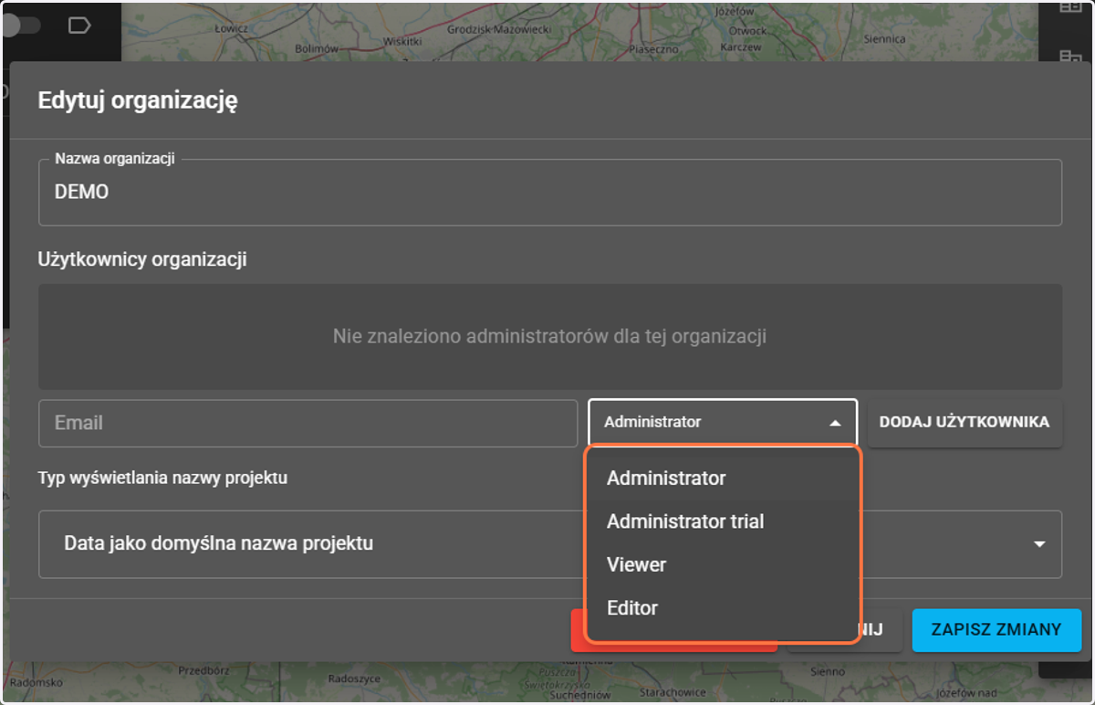 Otwiera nam się okno z zarządzaniem organizacją, w której możemy zmienić nazwę organizacji, dodać lub usunąć użytkowników organizacji.