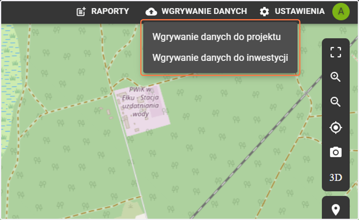 Wybierając przycisk "Wgrywanie danych" jest możliwość wgrania danych na dwa rozróżnienia: do projektu oraz do inwestycji.