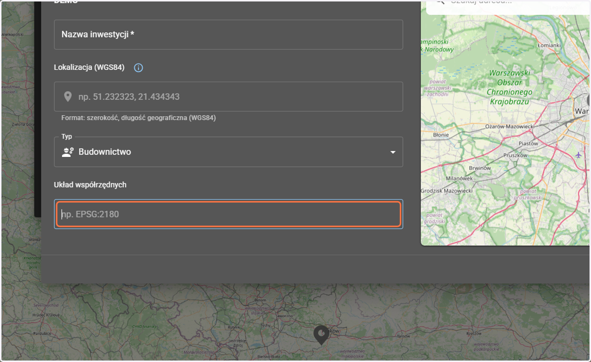 W kolejnym kroku należy wybrać układ współrzędnych inwestycji (lokalizacji).