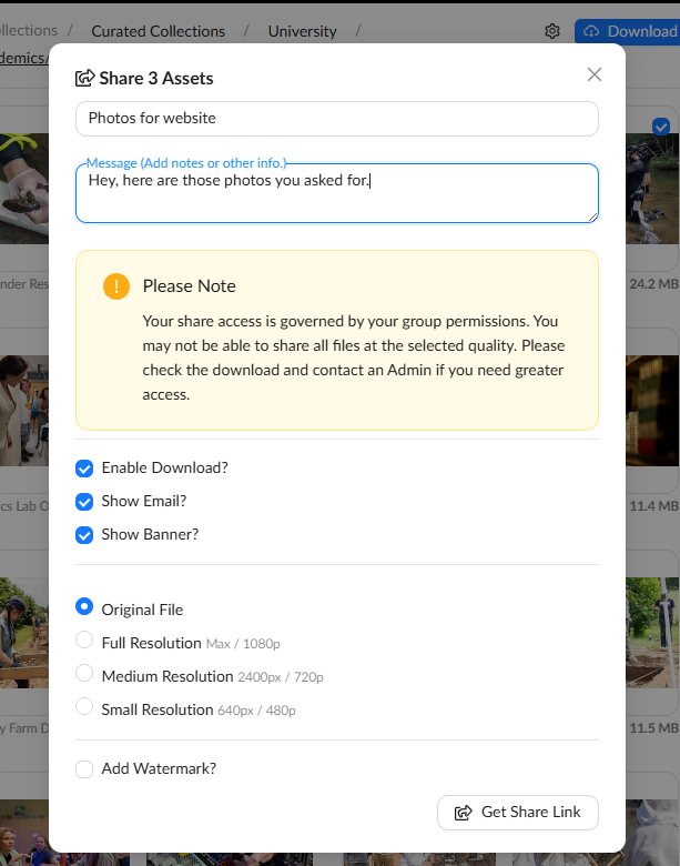 You can give your share a subject/title and a message.