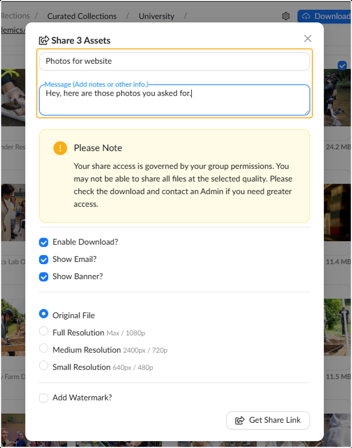 You can give your share a subject/title and a message.