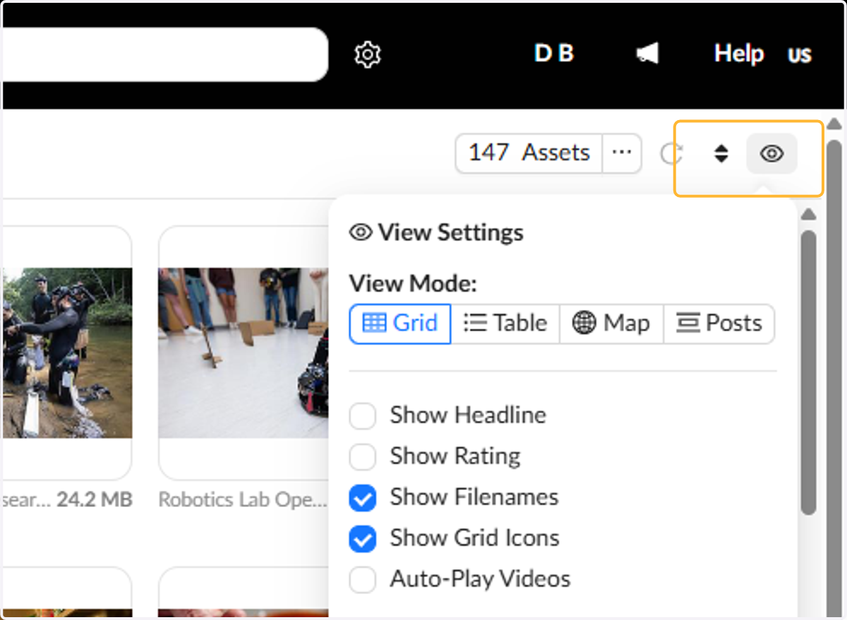Changing you view settings by hovering the "eye icon" or the "arrows icon"