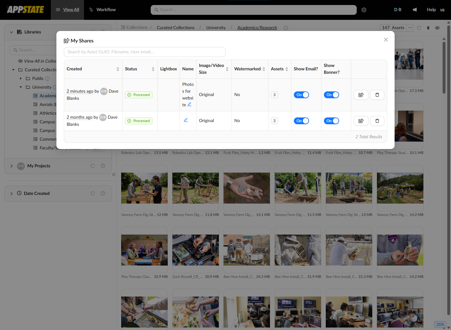 Get a share link or delete the share