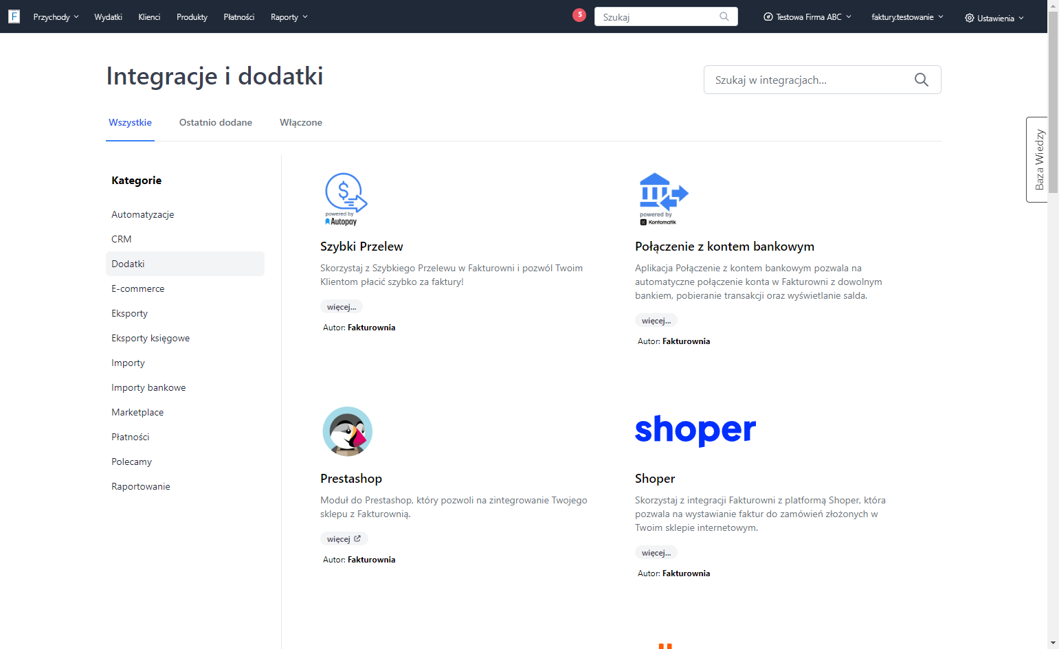 Z listy kategorii wybierz opcję 'Dodatki', gdzie dostępna jest integracja z Brutto.
