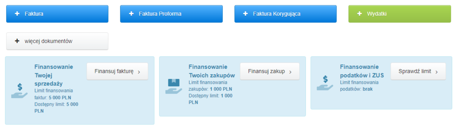 Na stronie głównej w Fakturowni pojawią się opcje dotyczące finansowania sprzedaży oraz zakupów.
