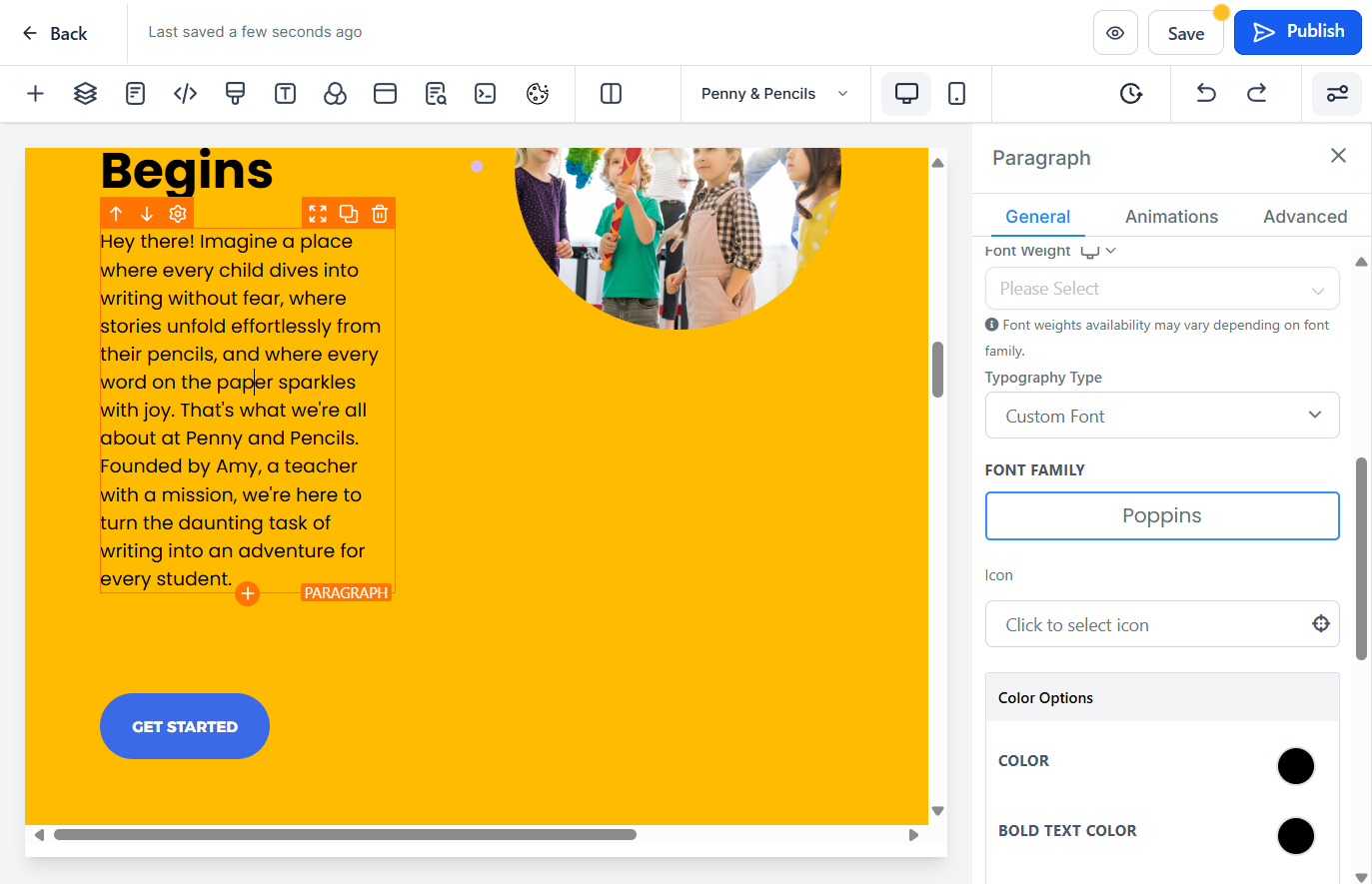 To change the font or colour of any text, click on it