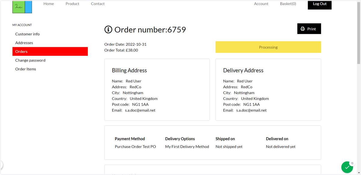 Their order details are visible in their user account area