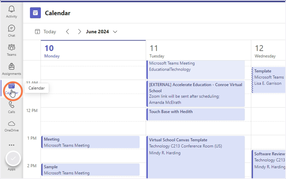 In Microsoft Teams, click Calendar.
