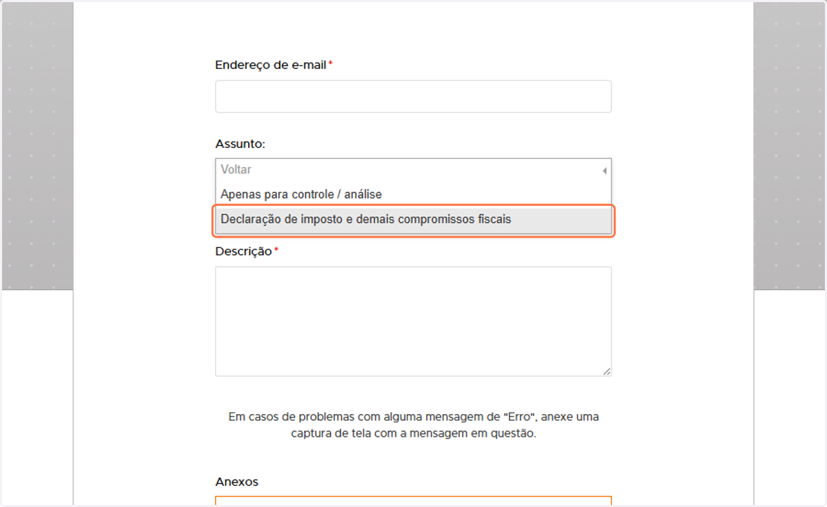 Selecione a opção Declaração de imposto e demais compromissos fiscais