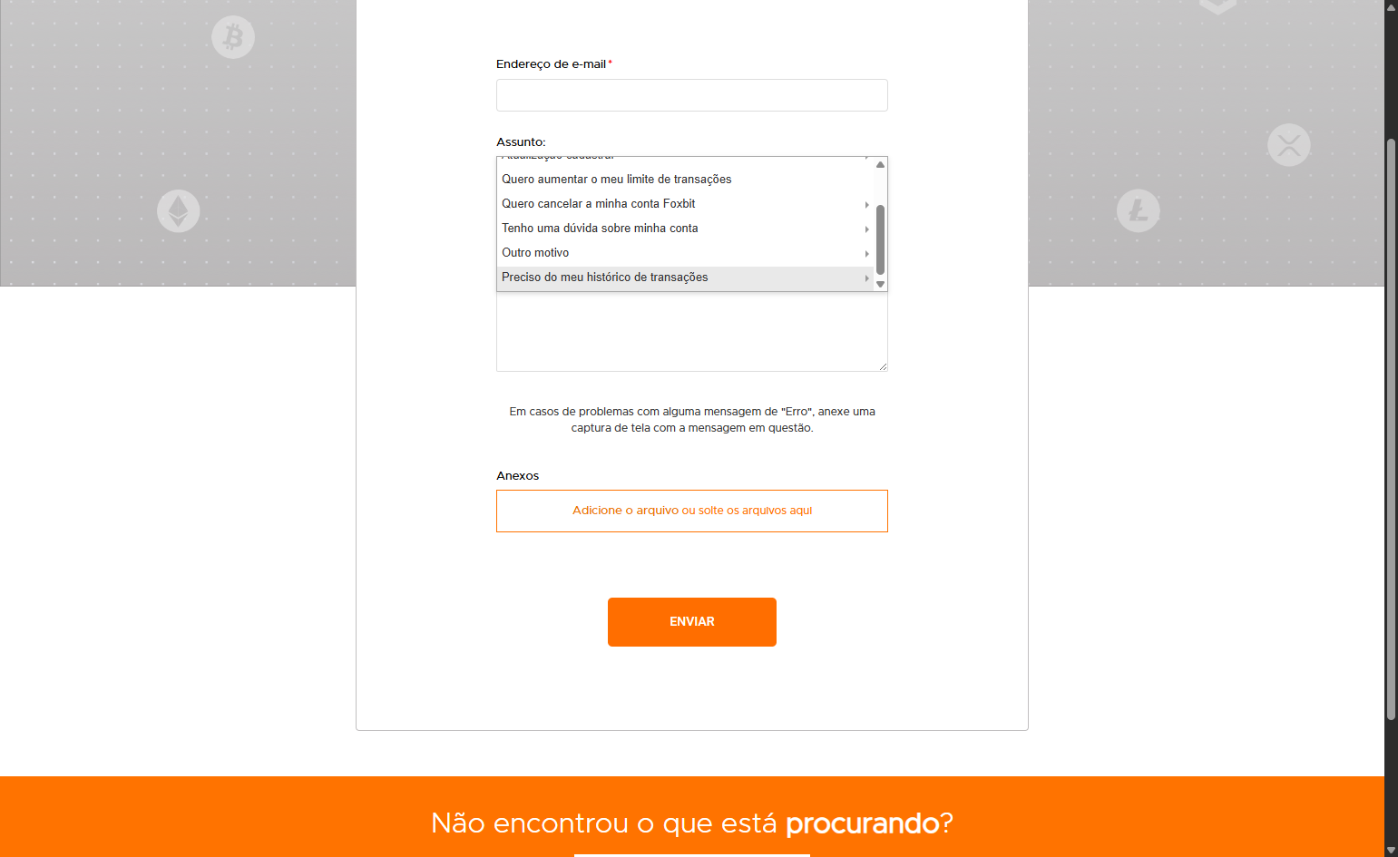 Selecione a opção Preciso do meu histórico de transações