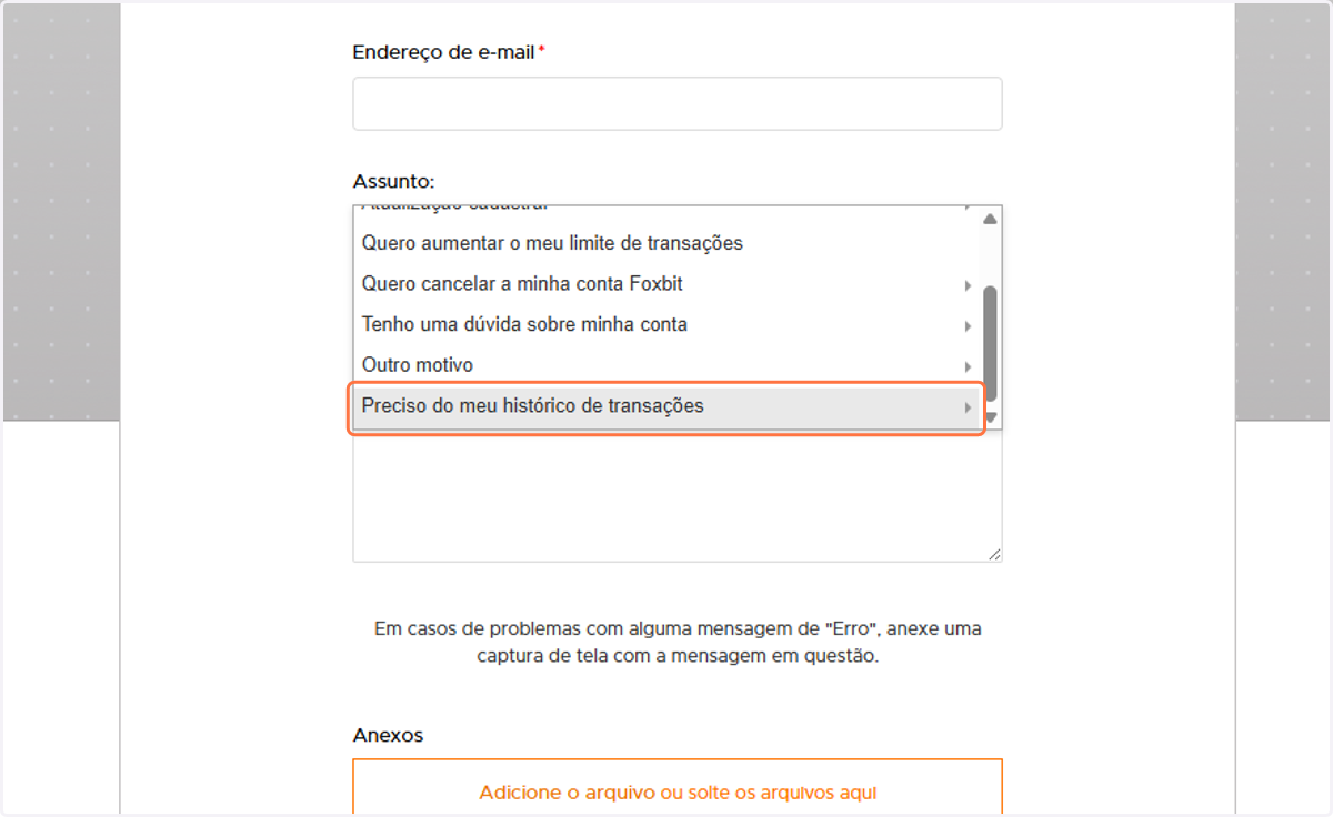 Selecione a opção Preciso do meu histórico de transações