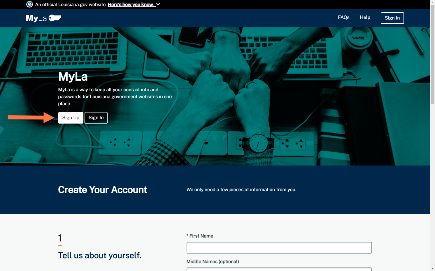 Click on Sign Up to create a new MyLa Account.