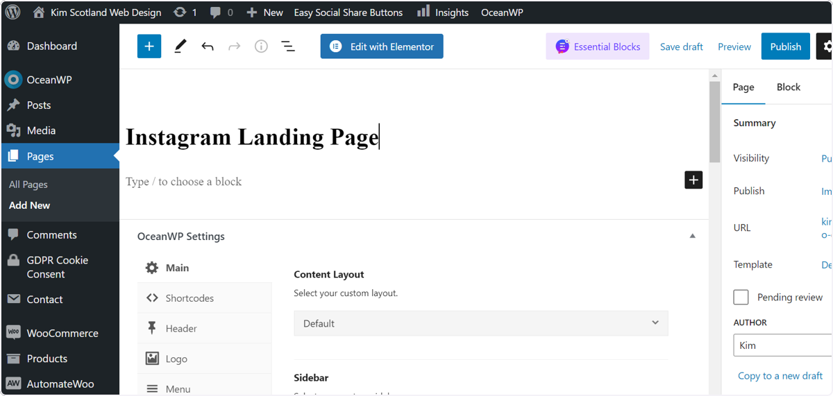 Screenshot of the user naming their page Instagram Landing Page