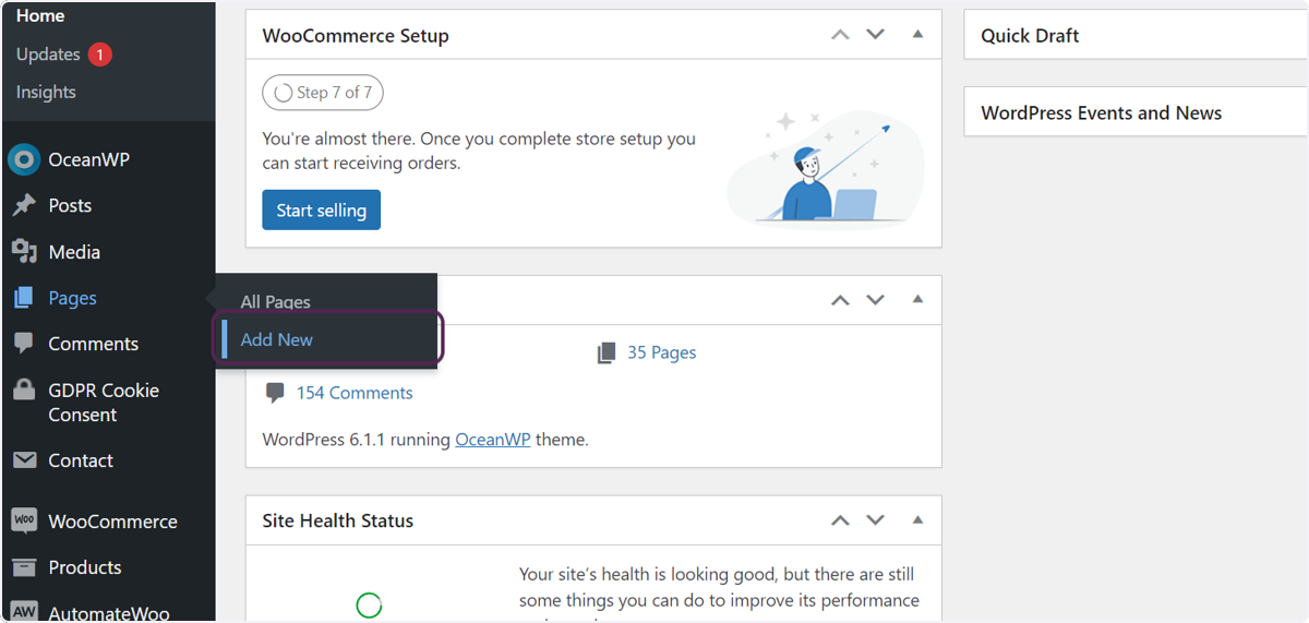 Screenshot of the user clicking the Add New option which displays when you hover over the Pages option.