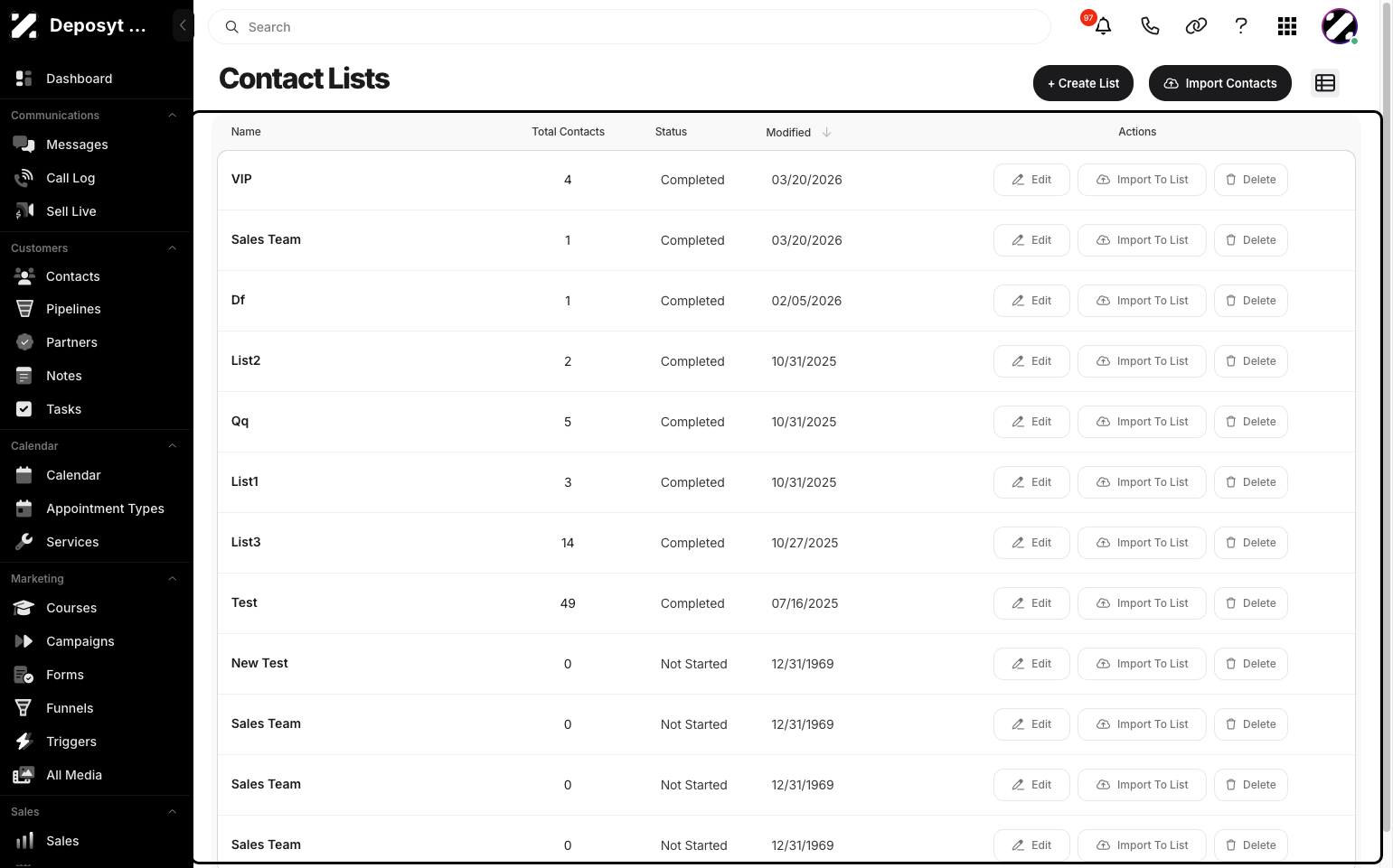 Step 4: You will be taken to the Lists section.