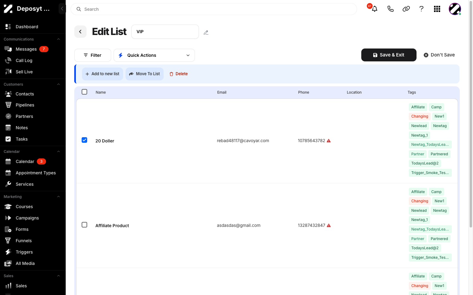 Step 8: You can also perform bulk actions by selecting customers. New options will appear, such as Add to New List, Move to List, or Delete.