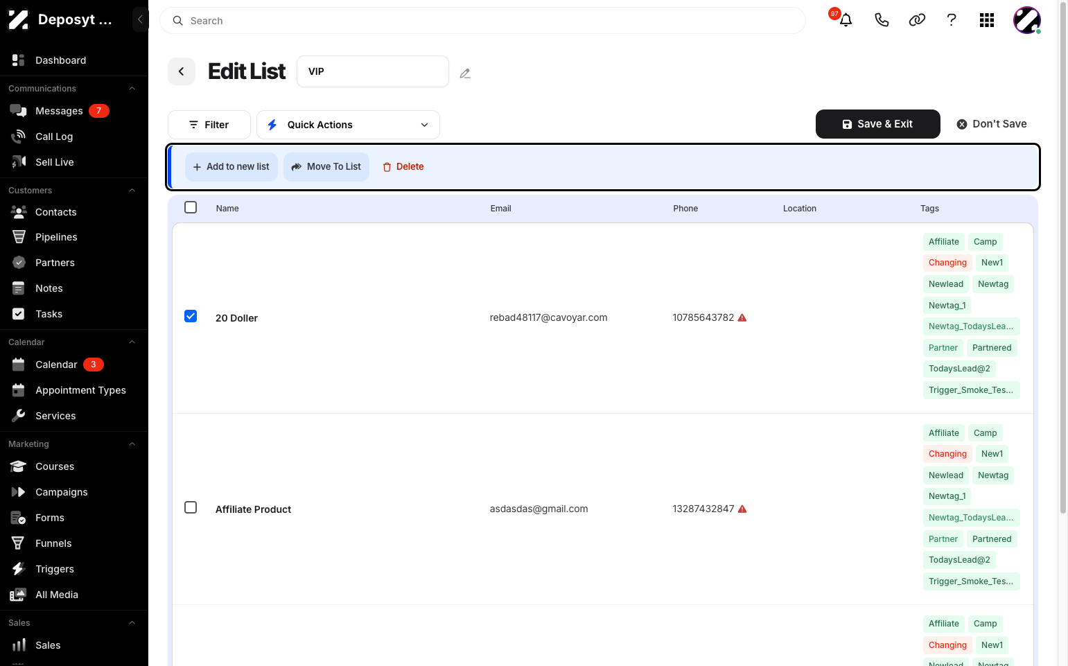 Step 8: You can also perform bulk actions by selecting customers. New options will appear, such as Add to New List, Move to List, or Delete.