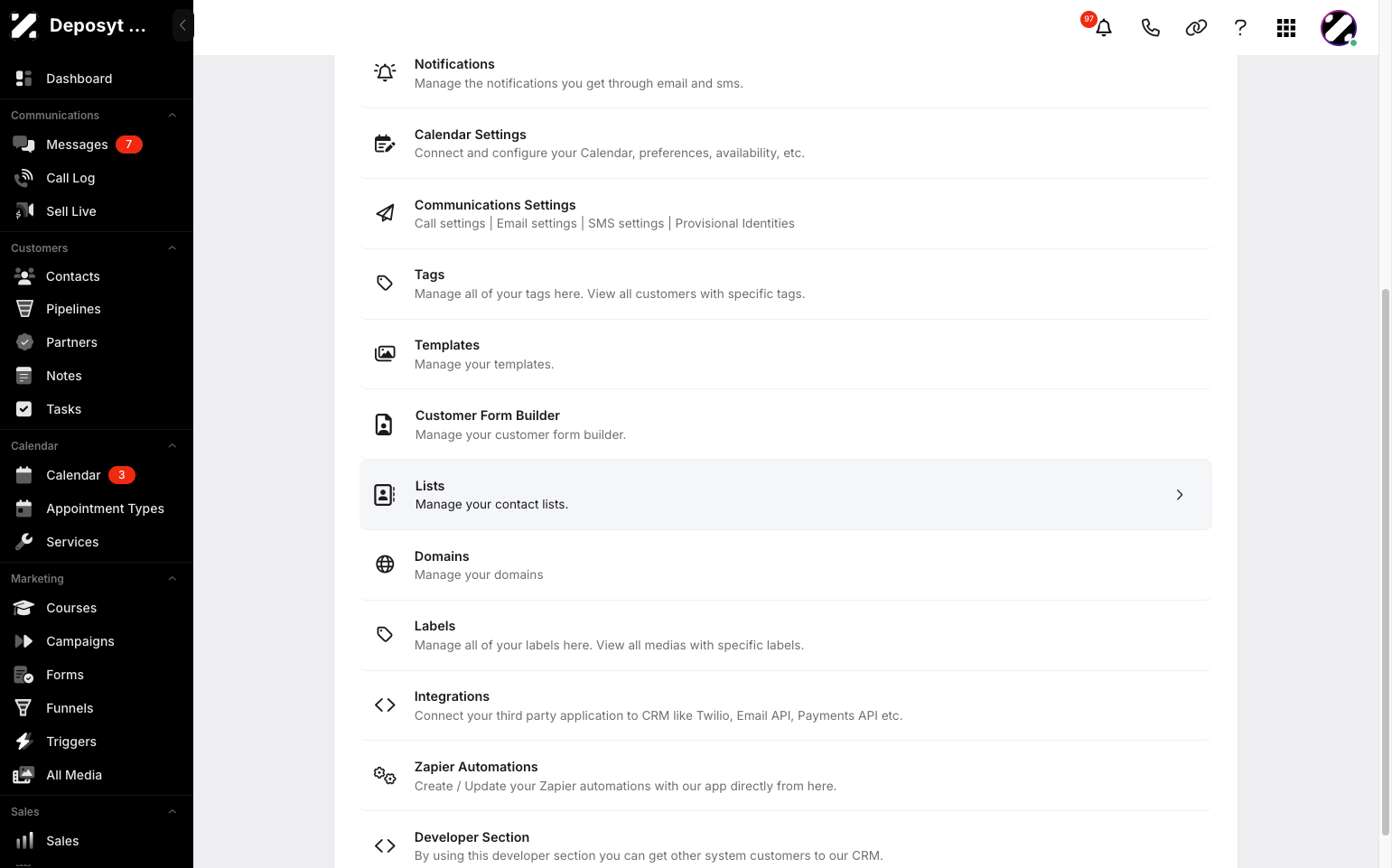 Step 3: You will then be taken to the Settings page. Click on Lists to continue.