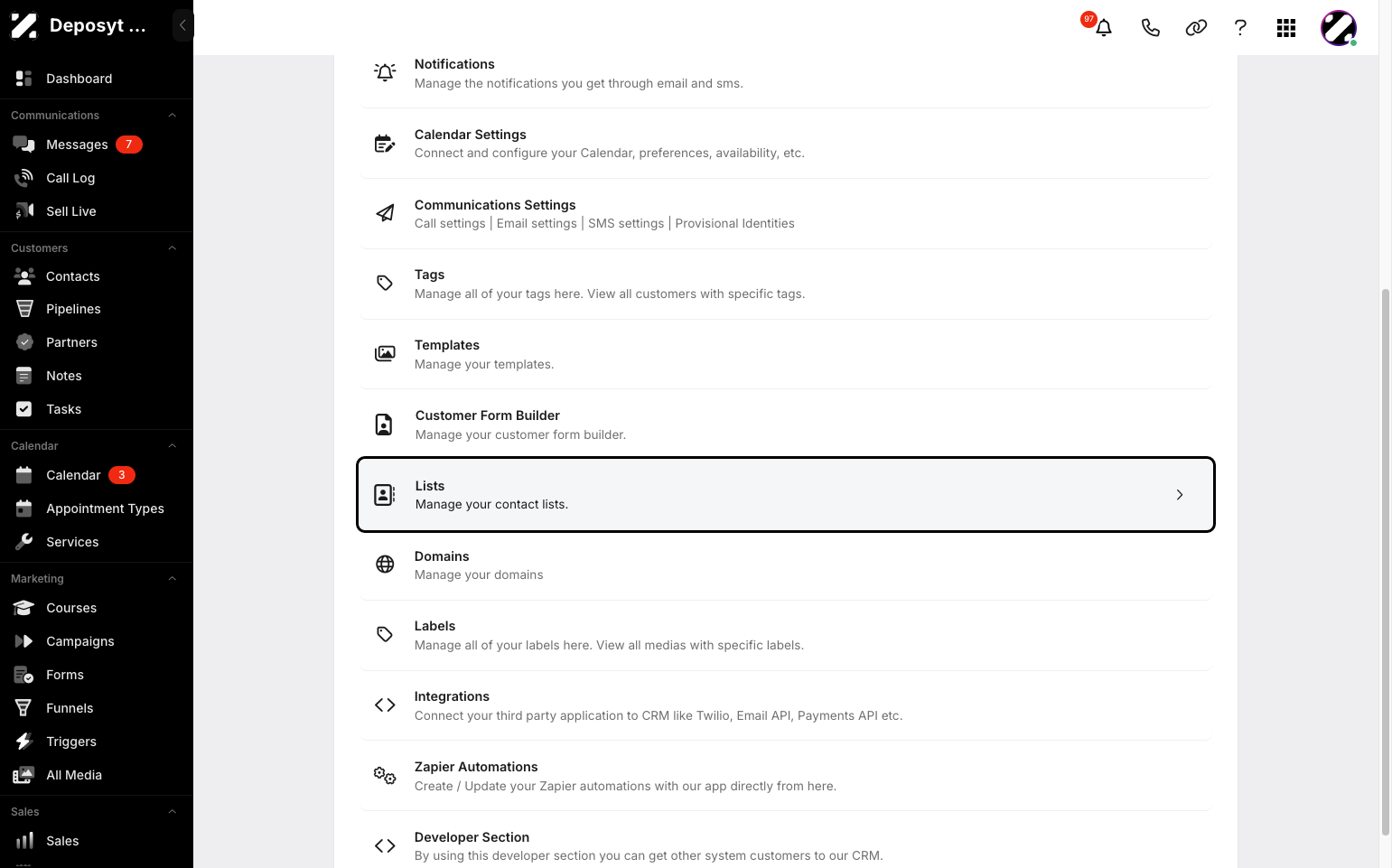 Step 3: You will then be taken to the Settings page. Click on Lists to continue.