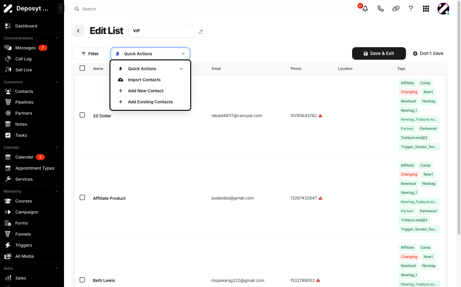 Step 7: You can add quick actions such as Import Contacts, Add New Contact, and Add Existing Contacts.