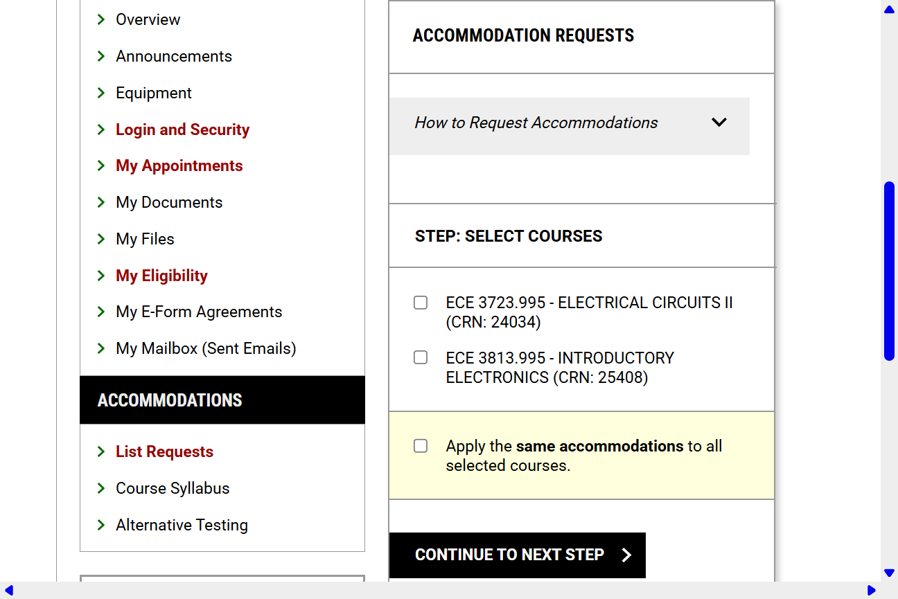 Select the courses you are requesting accommodations for.