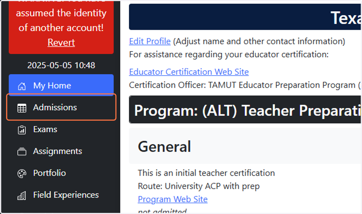 Click on Admissions