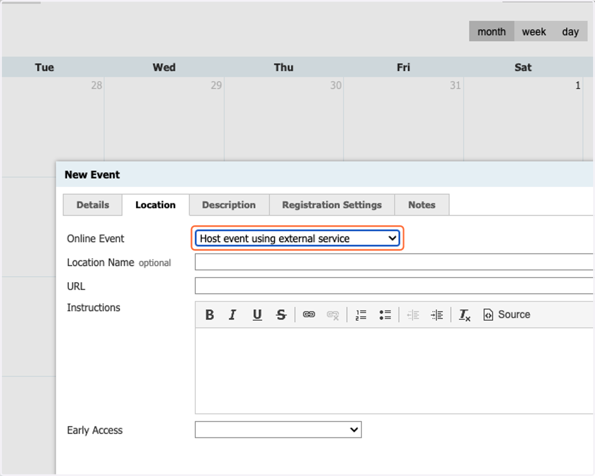 For virtual events: Select Host event using external service from Online Event