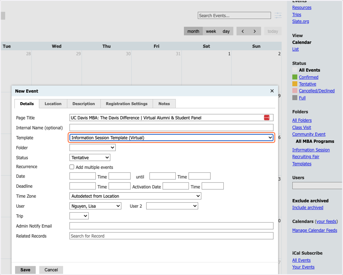 Select Informational Session Event Template (Virtual) from Template