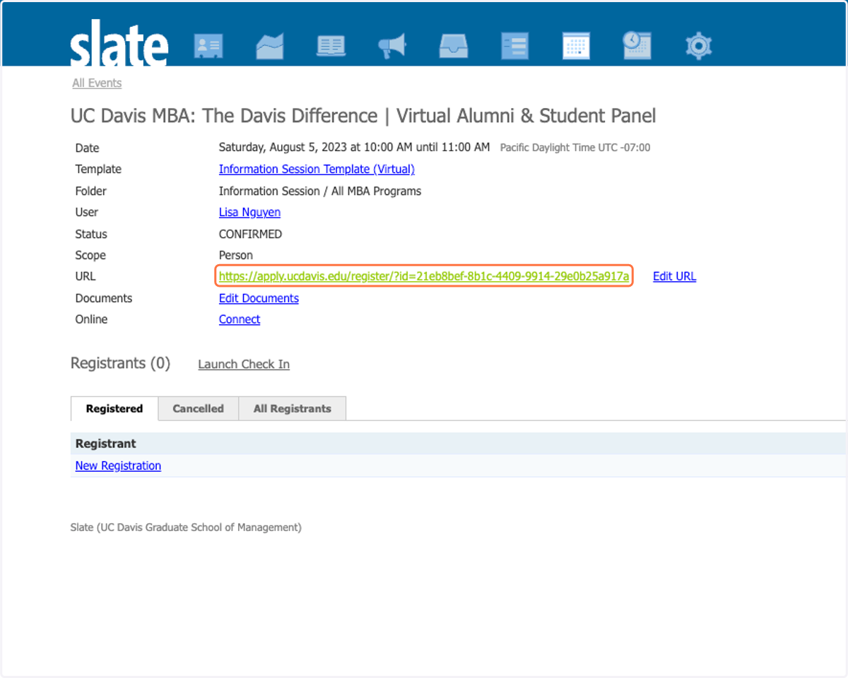 To preview event registration page: Click on URL after saving