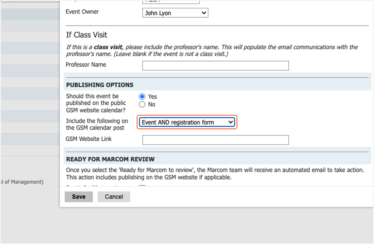 Select Event AND registration form from Include the following on the GSM calendar post