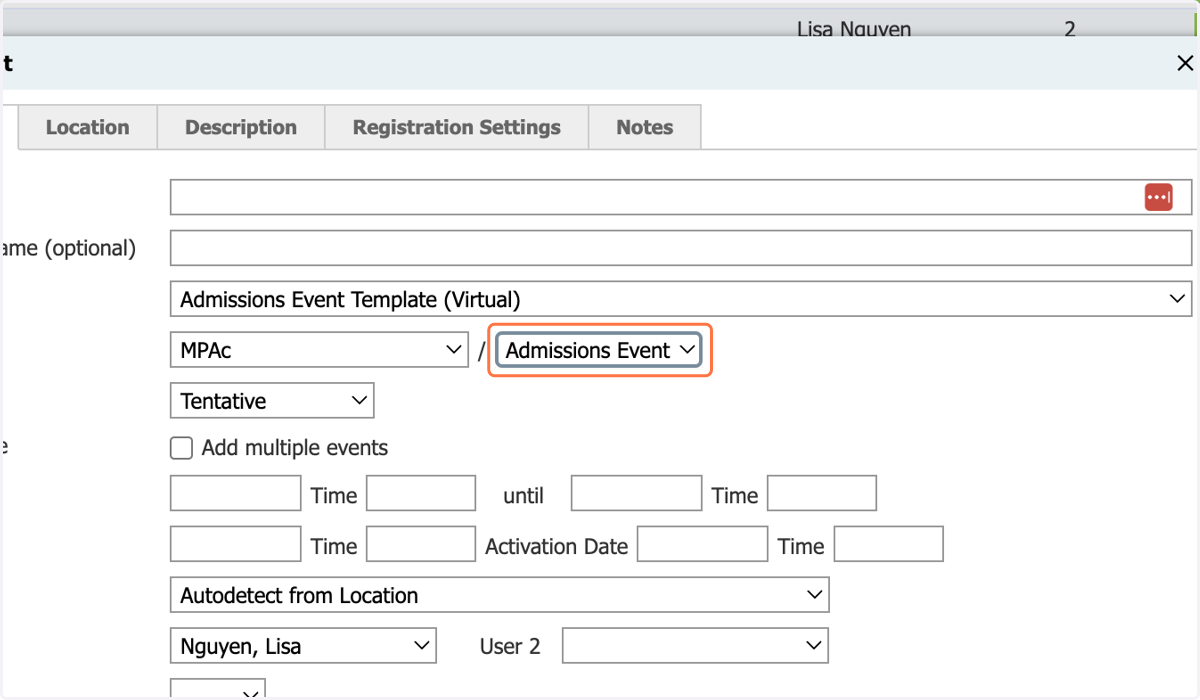 Select Admissions Event from /