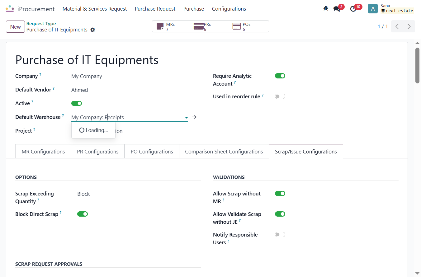 Click on Default Warehouse. And Slect the Warehouse for Scrap