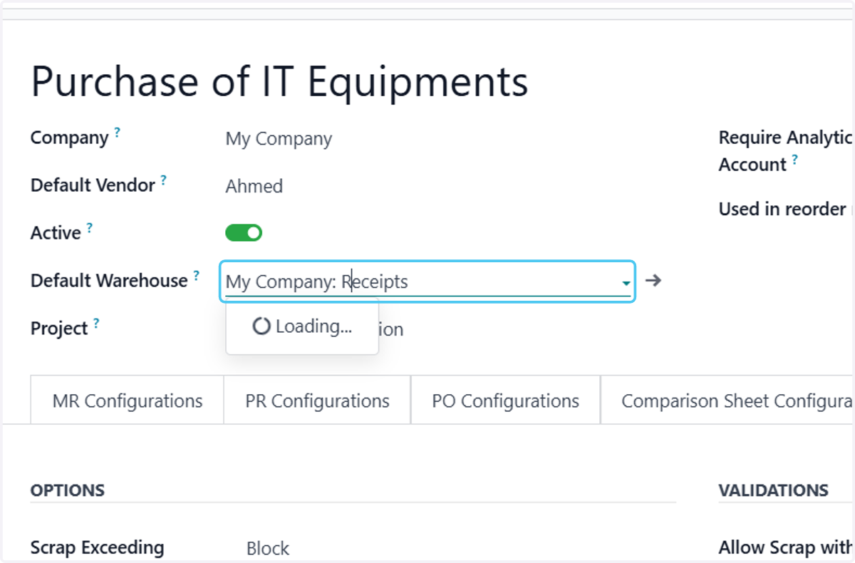 Click on Default Warehouse. And Slect the Warehouse for Scrap