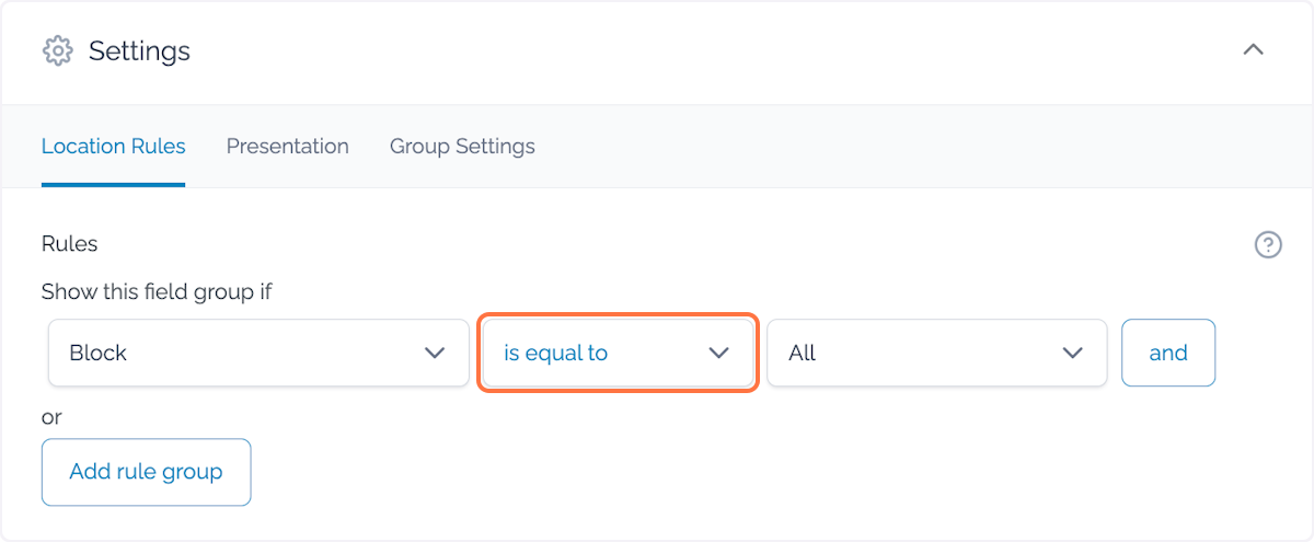 Select 'is equal to' from the dropdown