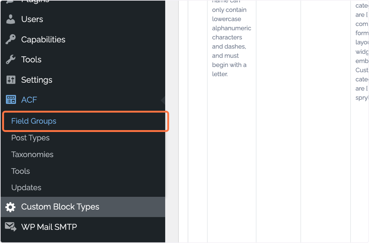 Click on 'Field Groups' Click on 'Field Groups'