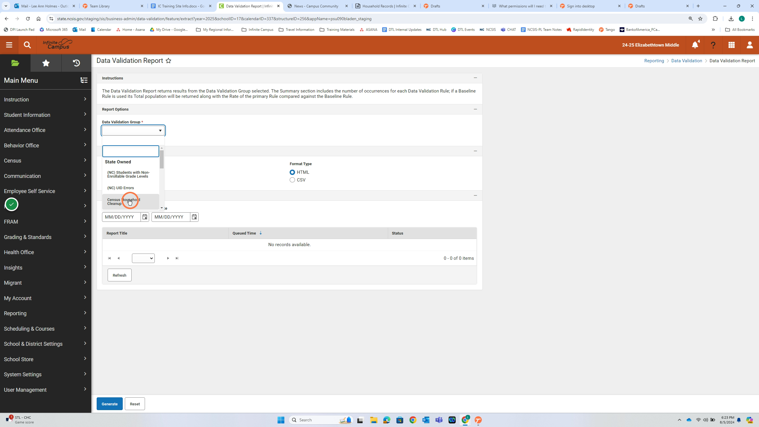 Under the Data Validation Group, choose Census Household Cleanup