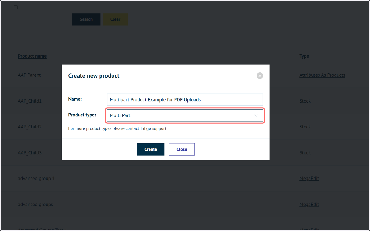 Enter a name for your product and select Multi Part from the Product type dropdown.