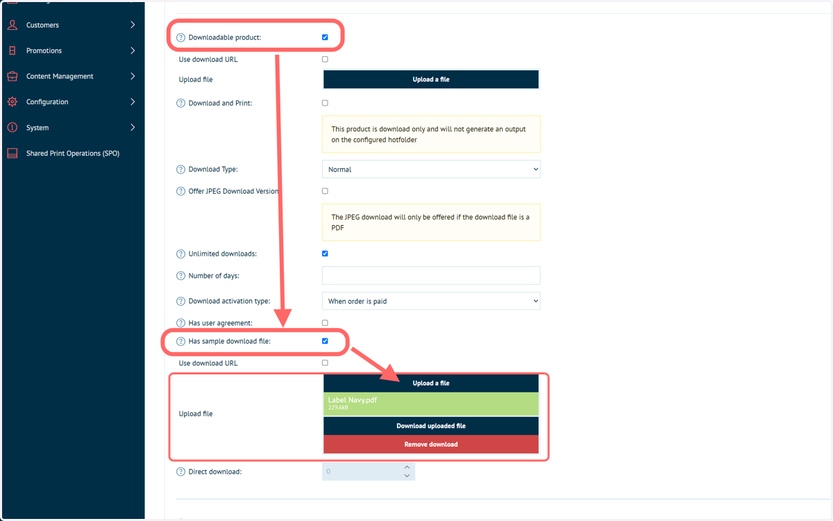 Enable and upload a sample download file