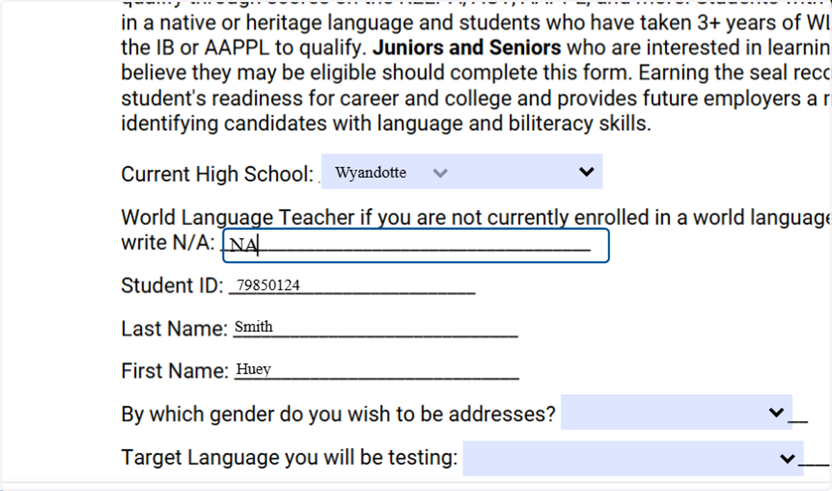 Please enter your world language teacher if you are currently in a language class - If you are not, you will write N/A