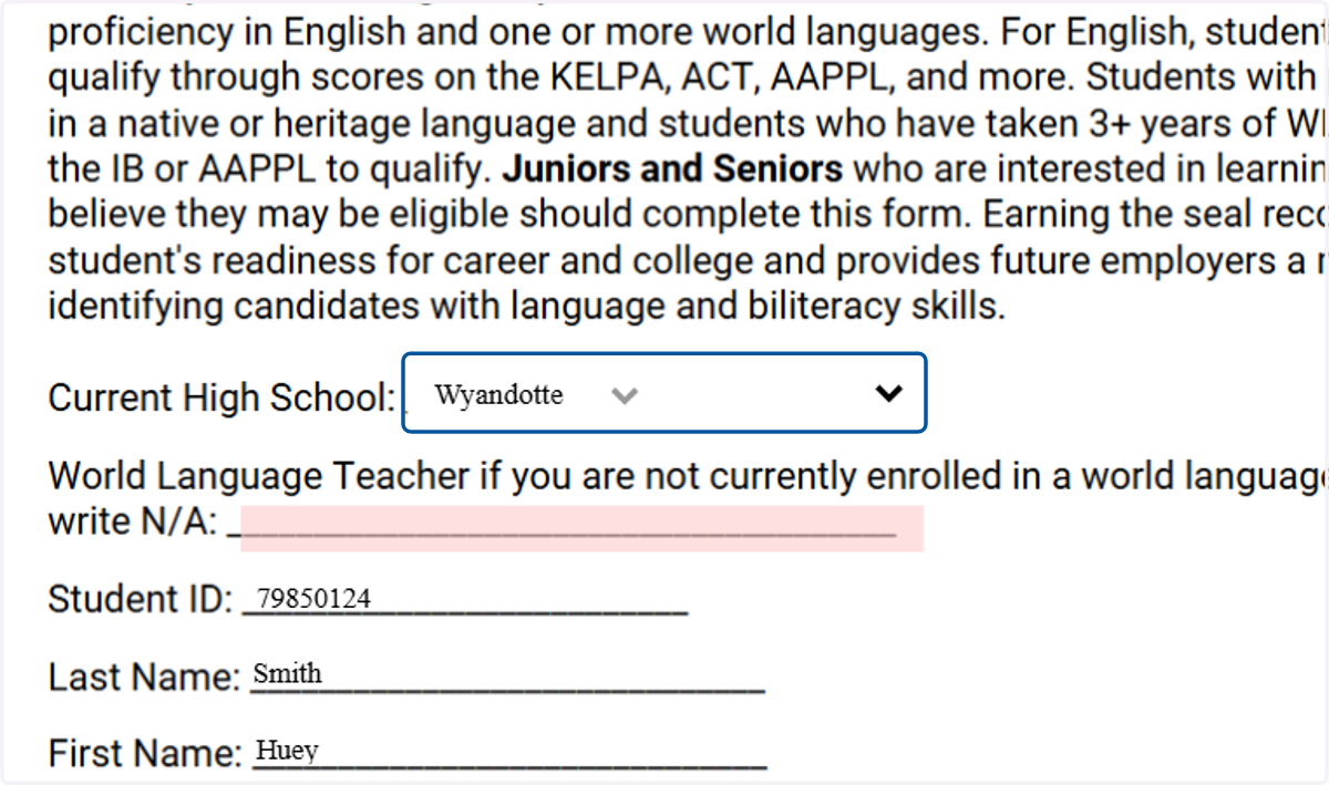 It will ask for your current high school, my test student goes to Wyandotte, so I put Wyandotte.
