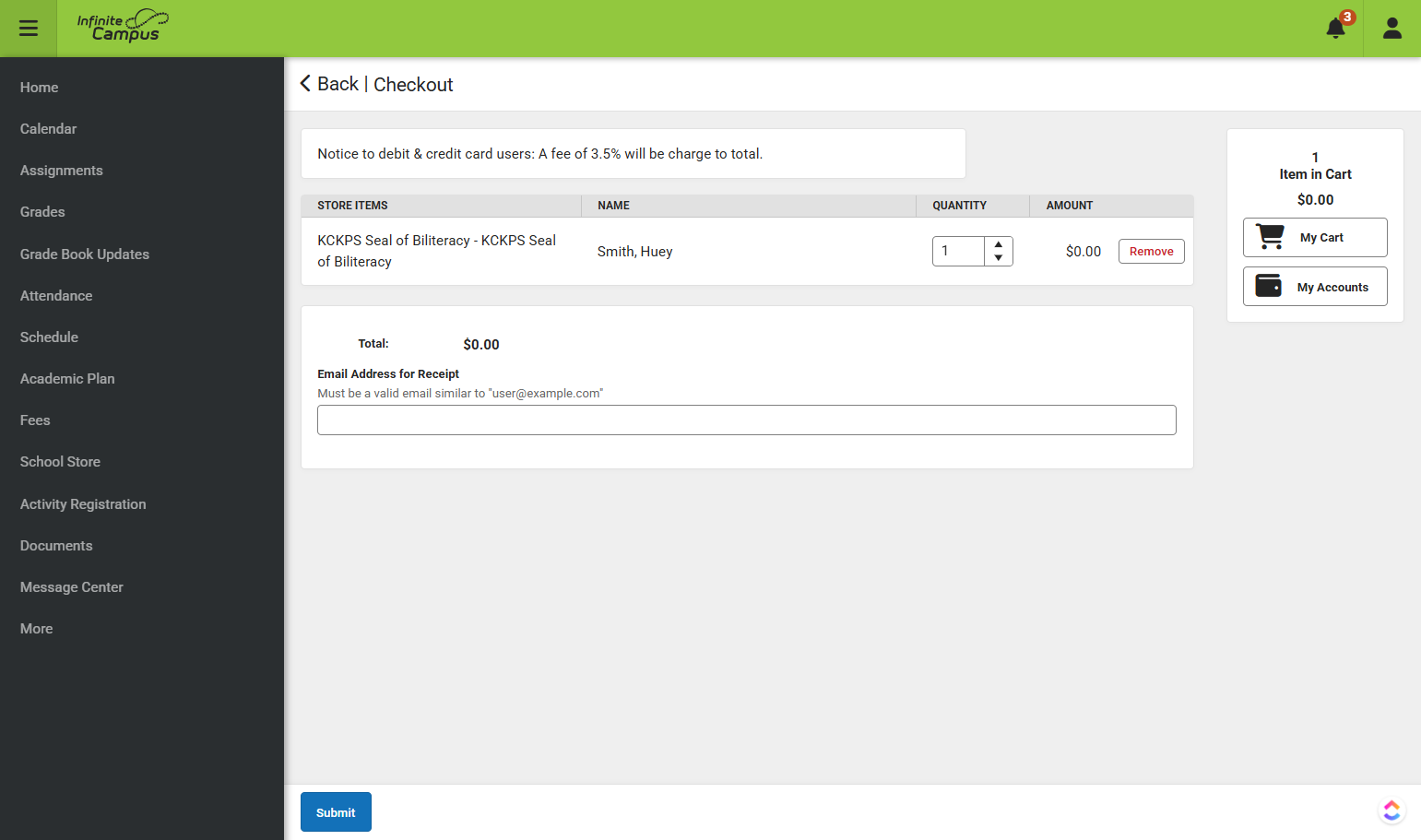 Here is an overview of what your checkout screen will look like. You can see the form for the Seal of Biliteracy is there and the amount is $0.00.
